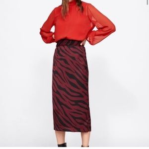 NWT - Zara Black and Maroon Zebra Midi Skirt XL